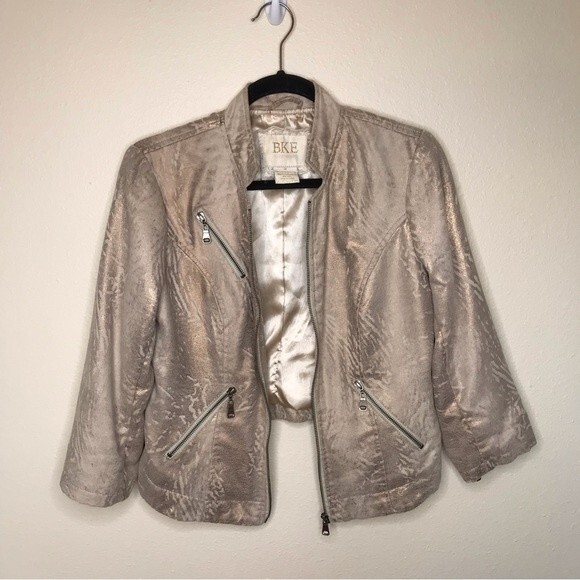 BKE Gold Metallic Faux Suede Moto Jacket Women Size Medium Motorcycle Crop - Picture 3 of 16